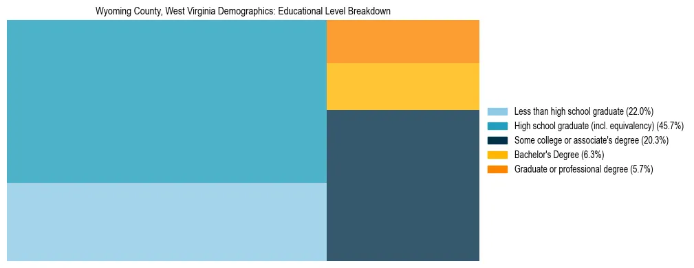 Treemap chart illustrating the educational attainment breakdown for population 25 years and over in Wyoming County, West Virginia.