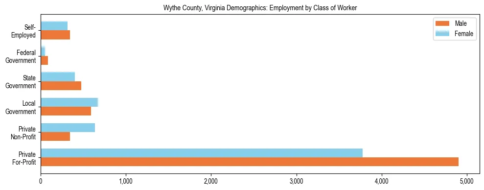 Horizontal bar chart showing employment distribution by class of worker and gender in Wythe County, Virginia, based on 2023 ACS data.