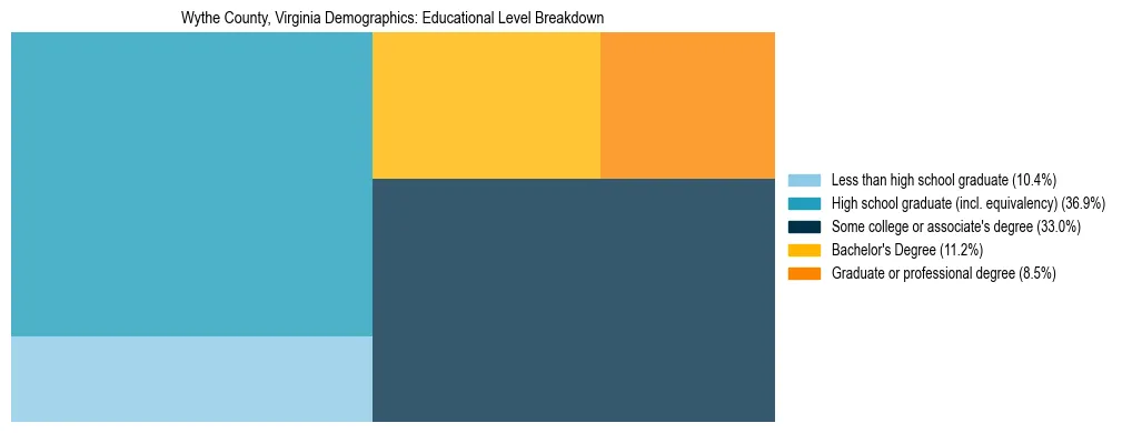 Treemap chart illustrating the educational attainment breakdown for population 25 years and over in Wythe County, Virginia.