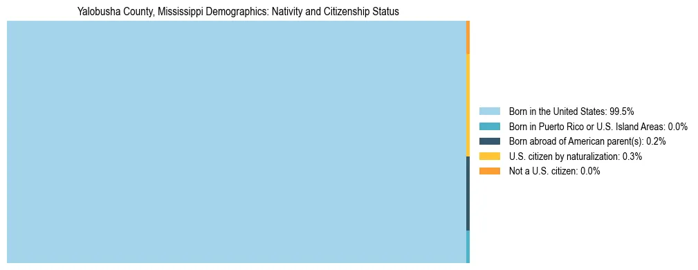Treemap showing the population distribution by nativity and citizenship status in Yalobusha County, Mississippi based on U.S. Census data.