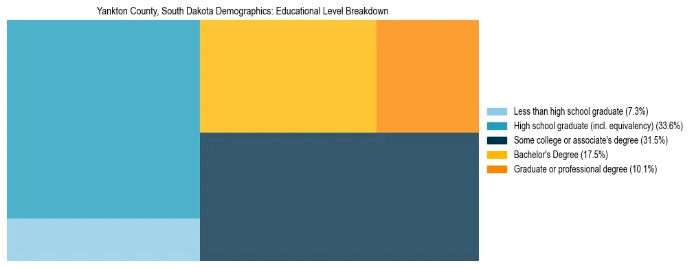 Treemap chart illustrating the educational attainment breakdown for population 25 years and over in Yankton County, South Dakota.