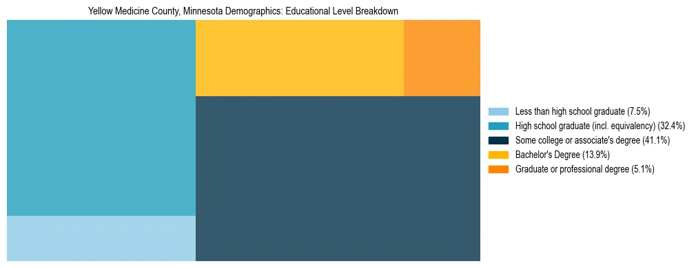 Treemap chart illustrating the educational attainment breakdown for population 25 years and over in Yellow Medicine County, Minnesota.
