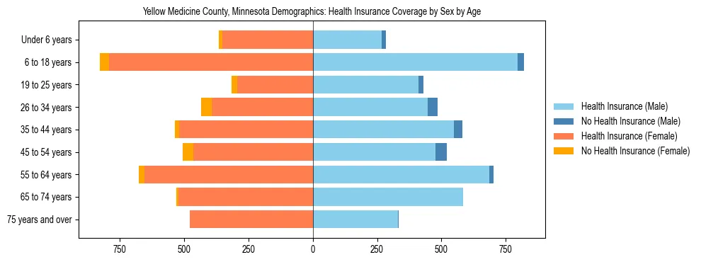 Pyramid chart showing health insurance coverage by age and sex in Yellow Medicine County, Minnesota.