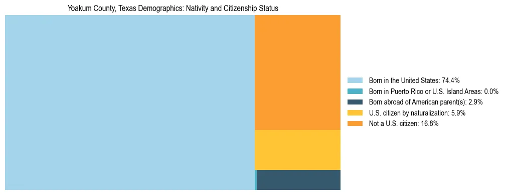 Treemap showing the population distribution by nativity and citizenship status in Yoakum County, Texas based on U.S. Census data.