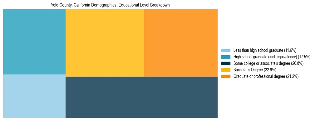 Treemap chart illustrating the educational attainment breakdown for population 25 years and over in Yolo County, California.