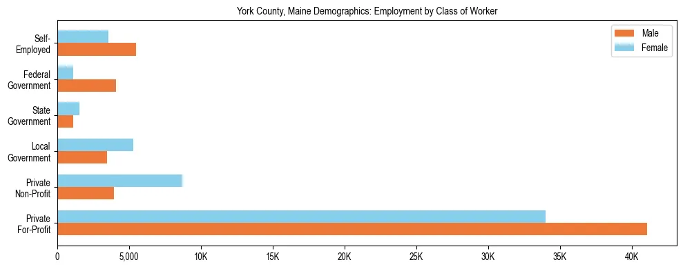 Bar chart showing employment distribution by class of worker (Private, Government, Self-Employed) in York County, Maine based on 2023 ACS data.