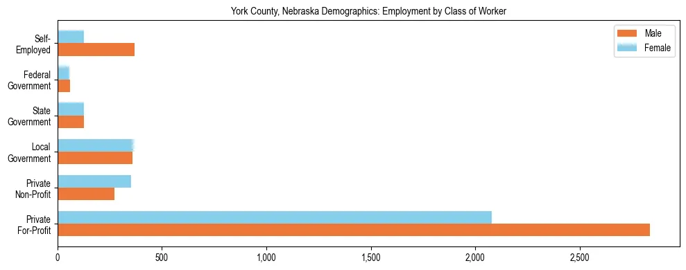 Horizontal bar chart showing employment distribution by class of worker and gender in York County, Nebraska, based on 2023 ACS data.