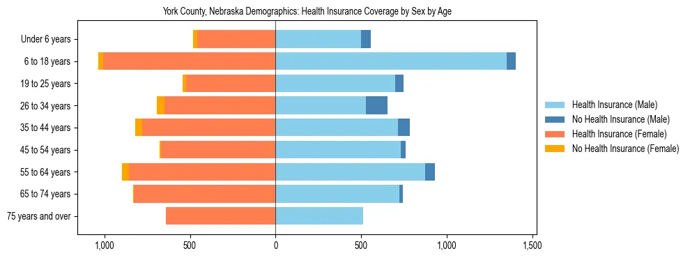 Pyramid chart showing health insurance coverage by age and sex in York County, Nebraska.