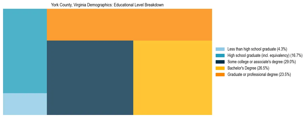 Treemap chart illustrating the educational attainment breakdown for population 25 years and over in York County, Virginia.