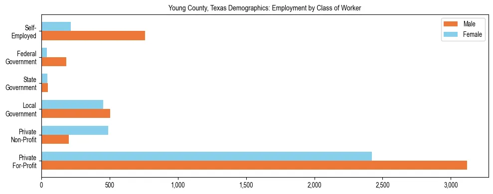 Horizontal bar chart showing employment distribution by class of worker and gender in Young County, Texas, based on 2023 ACS data.