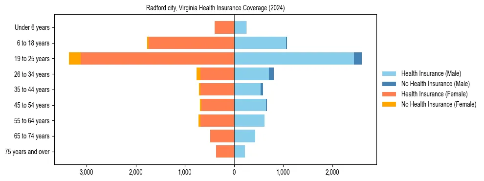 Health insurance pyramid for Radford city, Virginia