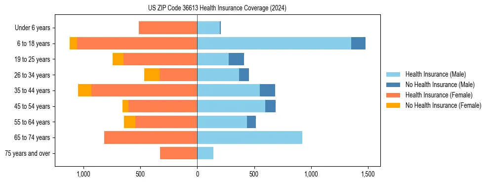 Health insurance pyramid for US ZIP Code 36613