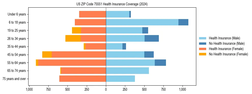 Health insurance pyramid for US ZIP Code 75551